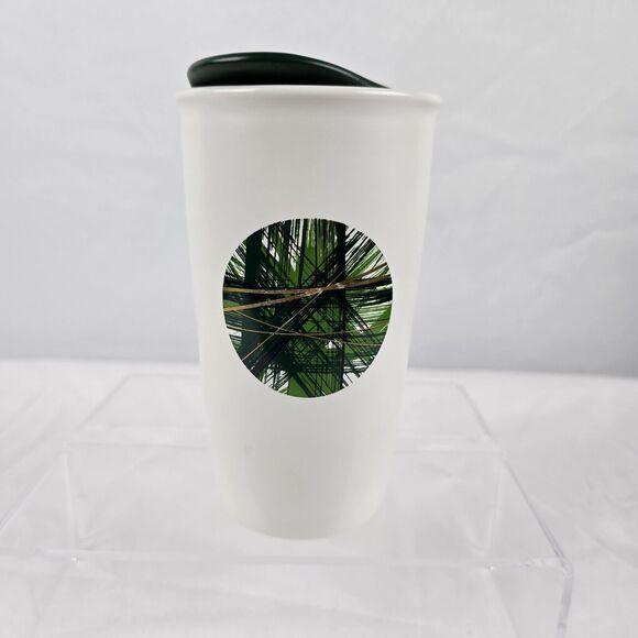 Starbucks 2014 Travel Mug Ceramic Lid White Strands Green Gold Circle Patch 12oz - Picture 1 of 9